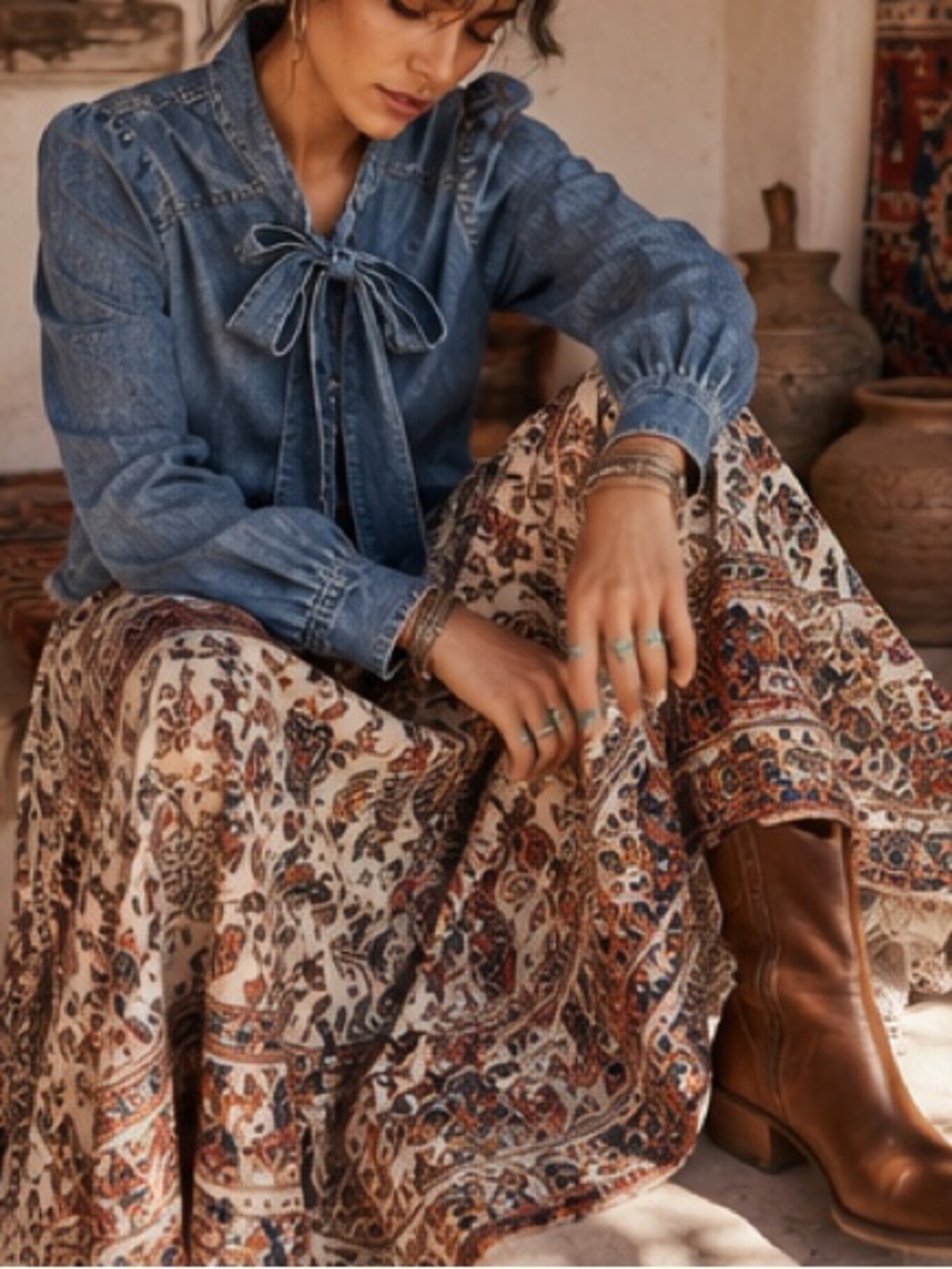 Anthropologie Pilcro Tie Neck Blouse Chambray Puff Balloon Sleeve Excellent M - Picture 1 of 11